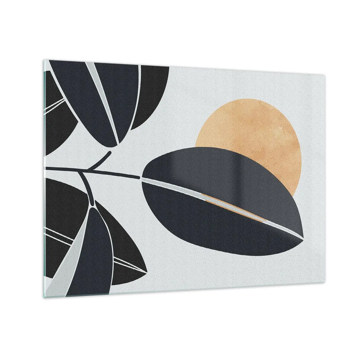 Quadro su vetro - Foglie stilizzate in nero con un sole arancione sullo sfondo - 70x50cm - Un giorno rovente d'estate - Decorazione murale moderna per soggiorno e camera da letto ARTTOR