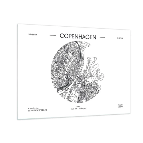 Quadro su vetro - Una mappa di Copenaghen sotto forma di schizzo grafico di una strada - 70x50cm - Anatomia di Copenaghen - Decorazione murale moderna per soggiorno e camera da letto ARTTOR