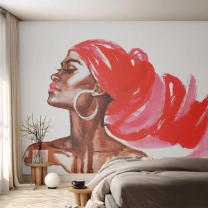 Fotomurali Standard Eco - Ritratto stilizzato di una donna con una sciarpa rossa - 100x70cm - C'è un vento che allarga le narici dell'uomo - Decorazione murale moderna per soggiorno e camera da letto ARTTOR
