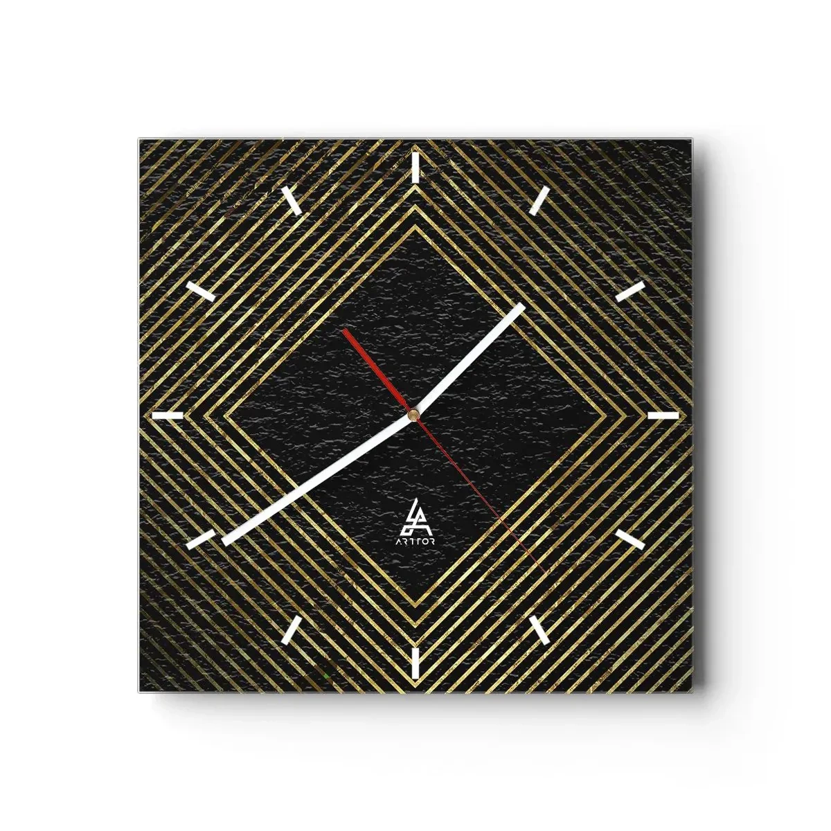 Orologio da parete - Orologio in Vetro - Sfondo nero con motivo geometrico di linee dorate - 30x30cm - Geometria in stile glamour - Decorazione murale moderna per soggiorno e camera da letto ARTTOR