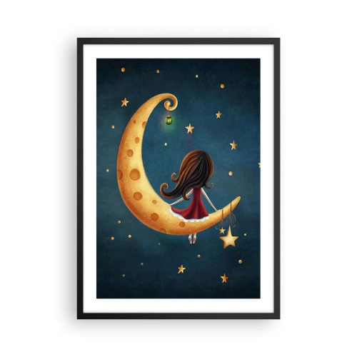 Poster in cornice nera - Una ragazza sulla luna circondata da stelle e una lanterna - 50x70cm - Una volta... - Decorazione murale moderna per soggiorno e camera da letto ARTTOR