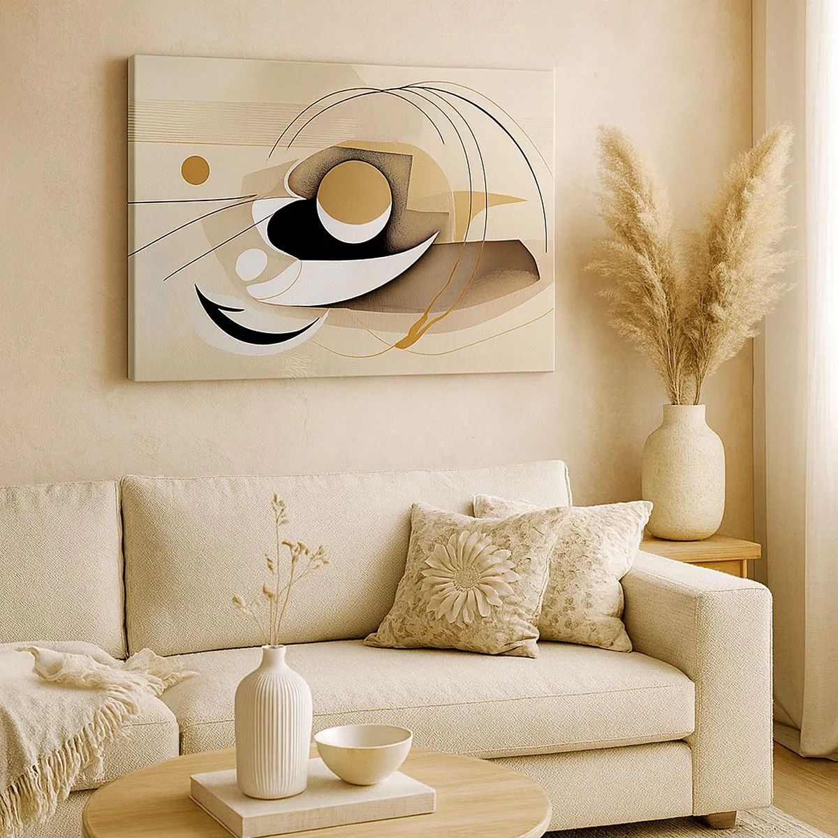 Quadro su tela - Stampe su Tela - Composizione astratta nei toni del beige e del nero - 70x50cm - Composizione: l'essenza delle cose - Decorazione murale moderna per soggiorno e camera da letto ARTTOR