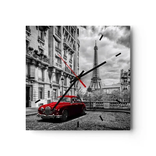 Orologio da parete - Orologio in Vetro - Un'auto rossa con la Torre Eiffel sullo sfondo in un'ambientazione in bianco e nero - 30x30cm - Predatore in città - Decorazione murale moderna per soggiorno e camera da letto ARTTOR