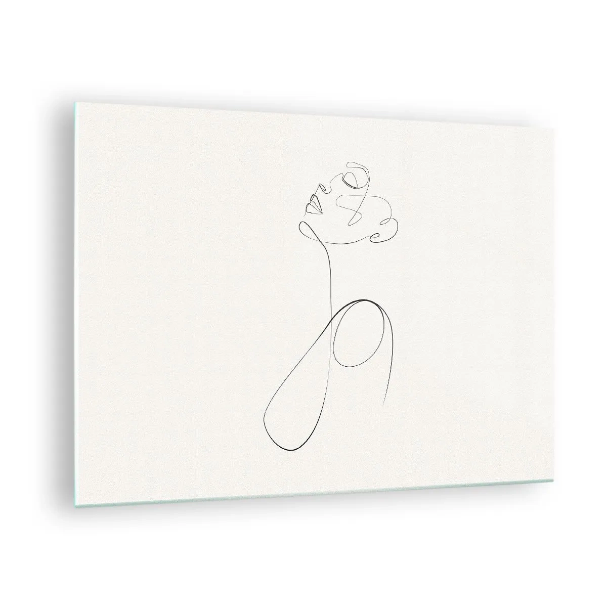 Quadro su vetro - Volto femminile e silhouette in stile line art su sfondo bianco - 70x50cm - Avvolta nei sogni - Decorazione murale moderna per soggiorno e camera da letto ARTTOR