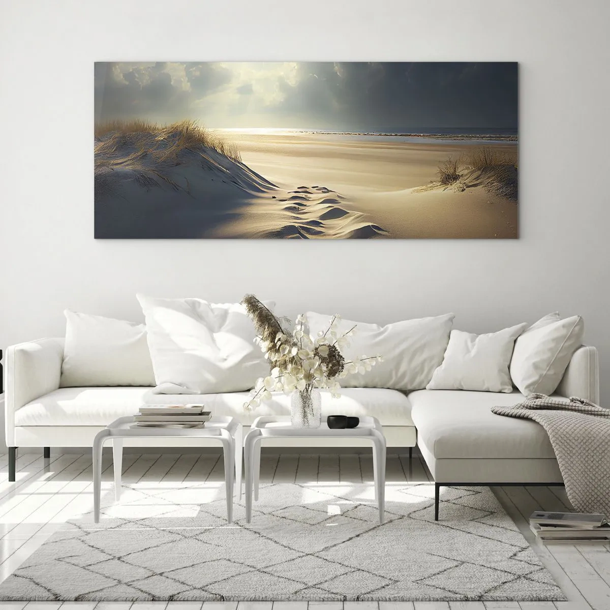 Quadro su vetro - Dune dorate sulla spiaggia al tramonto con vista sul mare - 160x50cm - Paesaggio rilassante - Decorazione murale moderna per soggiorno e camera da letto ARTTOR