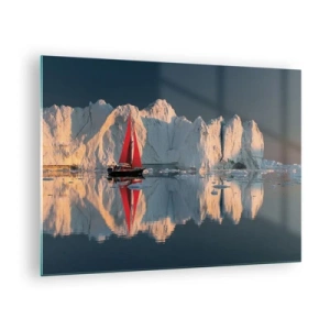 Quadro su vetro - Una barca a vela con una vela rossa vicino agli iceberg al tramonto - 70x50cm - Ai confini del mondo - Decorazione murale moderna per soggiorno e camera da letto ARTTOR