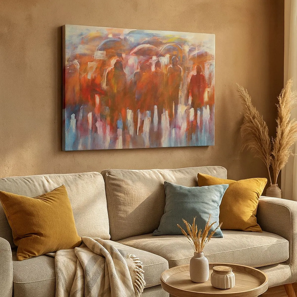 Quadro su tela - Stampe su Tela - Una folla di persone con ombrelli in un ambiente piovoso e artistico - 70x50cm - Uguali nella pioggia e nella nebbia - Decorazione murale moderna per soggiorno e camera da letto ARTTOR