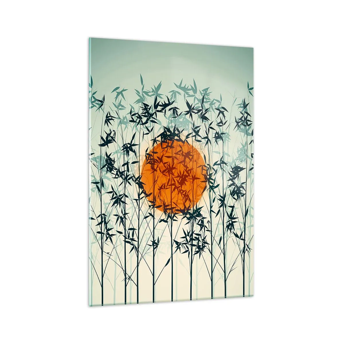 Quadro su vetro - Sole arancione tra i rami di bambù - 70x100cm - Sole giapponese - Decorazione murale moderna per soggiorno e camera da letto ARTTOR