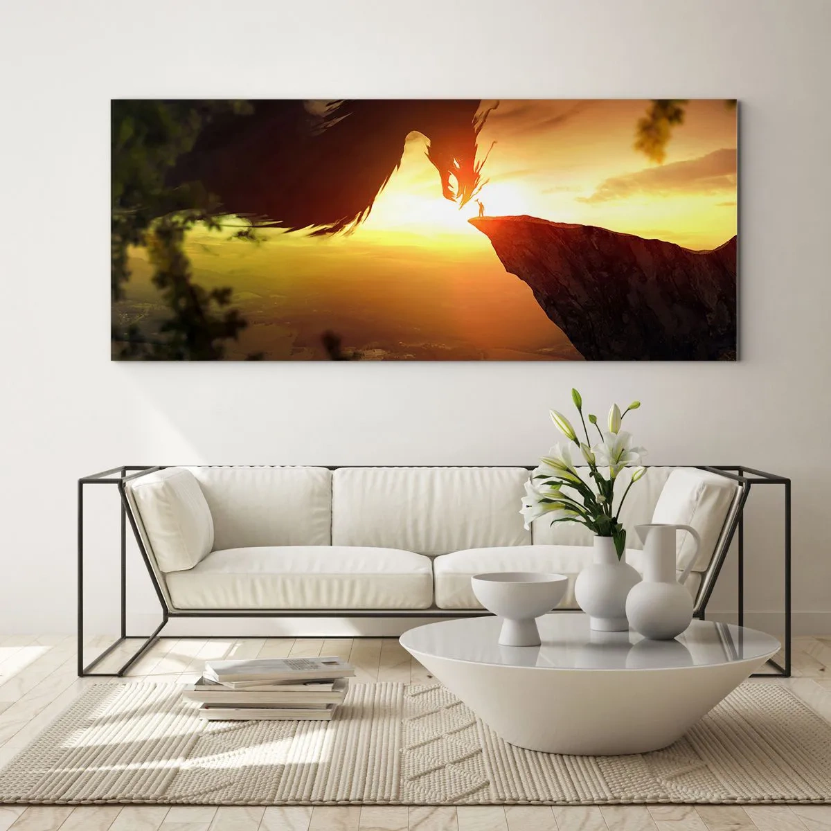 Quadro su vetro - Un drago e un uomo su una roccia al chiarore del sole al tramonto - 140x50cm - Il cacciatore di draghi - Decorazione murale moderna per soggiorno e camera da letto ARTTOR