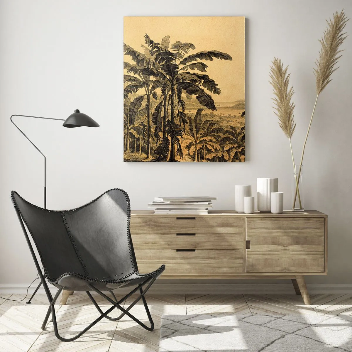 Quadro su vetro - Disegno di alberi di banana su uno sfondo di paesaggio tropicale - 80x120cm - Nel clima coloniale - Decorazione murale moderna per soggiorno e camera da letto ARTTOR
