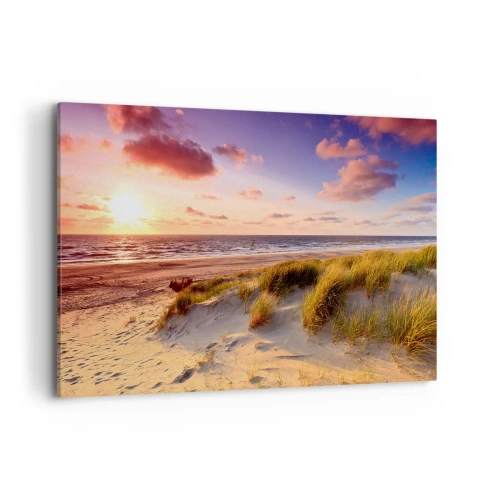 Quadro su tela - Stampe su Tela - Una spiaggia erbosa e un tramonto su un mare calmo - 120x80cm - L'aria già profuma di estate - Decorazione murale moderna per soggiorno e camera da letto ARTTOR