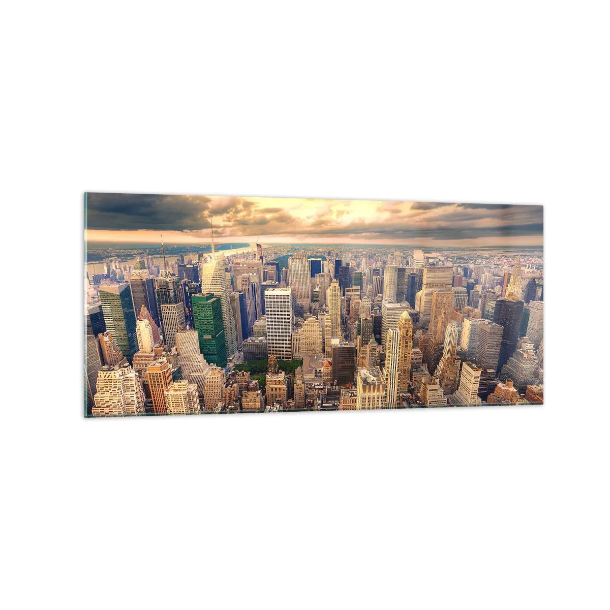 Quadro su vetro - Panorama della città con vista sui grattacieli al tramonto - 120x50cm - Metropolis dorata - Decorazione murale moderna per soggiorno e camera da letto ARTTOR