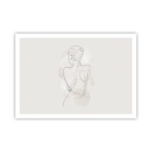 Poster - Uno schizzo minimalista di una silhouette femminile su uno sfondo chiaro. - 100x70cm - Come uno strumento delicato - Decorazione murale moderna per soggiorno e camera da letto ARTTOR