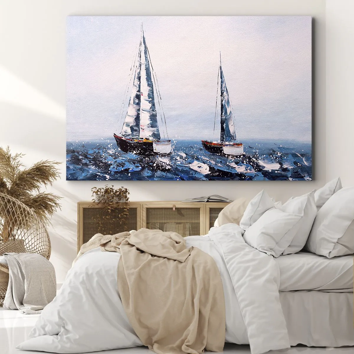 Quadro su tela - Stampe su Tela - Barche a vela su un mare in tempesta in una composizione pittorica - 100x70cm - Fratellanza nel vento - Decorazione murale moderna per soggiorno e camera da letto ARTTOR