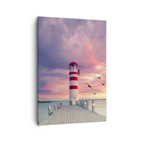 Quadro su tela - Stampe su Tela - Un faro sul molo circondato da un pittoresco tramonto - 50x70cm - Tempo di tornare in porto - Decorazione murale moderna per soggiorno e camera da letto ARTTOR