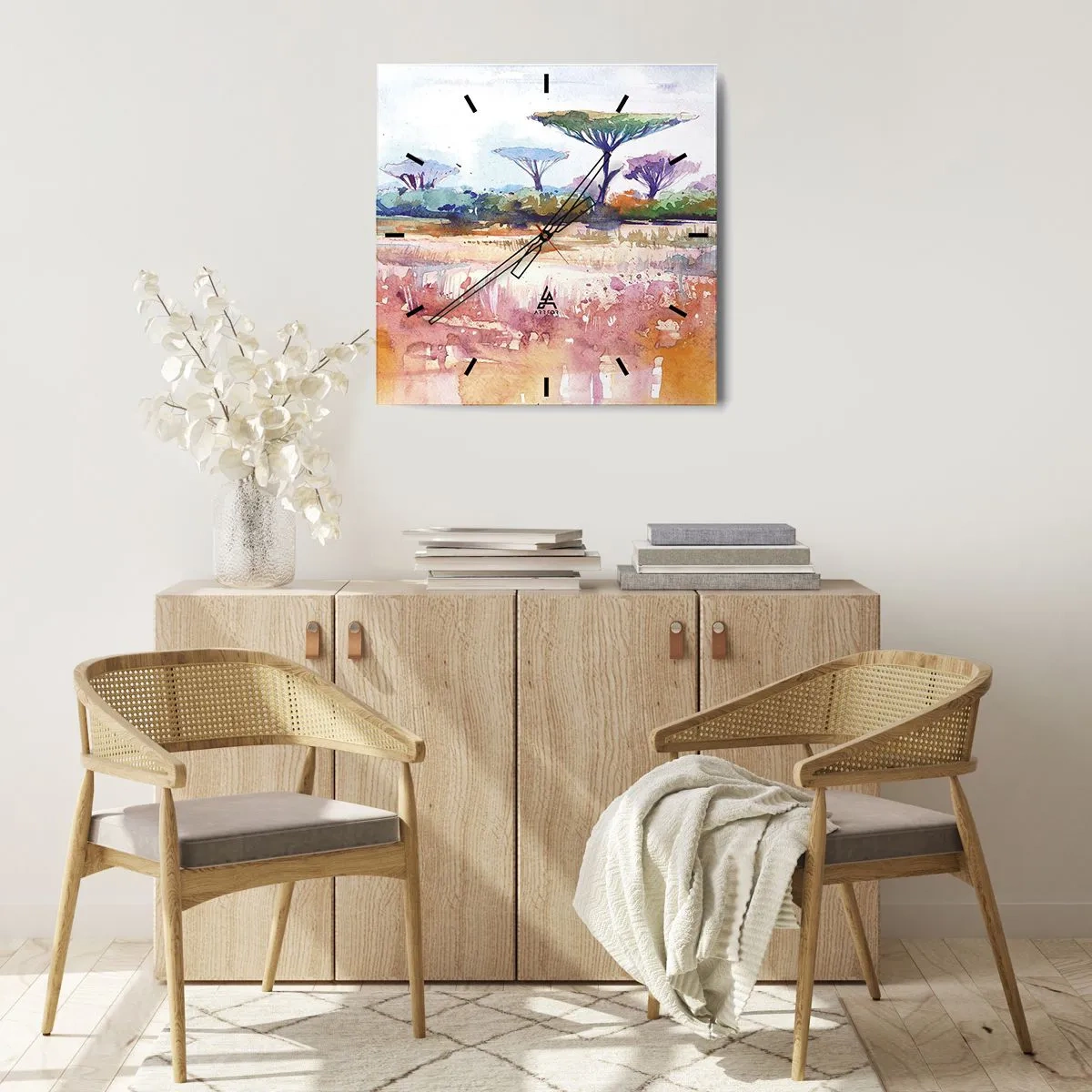 Orologio da parete - Orologio in Vetro - Un pittoresco paesaggio di savana con colori ad acquerello - 30x30cm - I colori della savana - Decorazione murale moderna per soggiorno e camera da letto ARTTOR