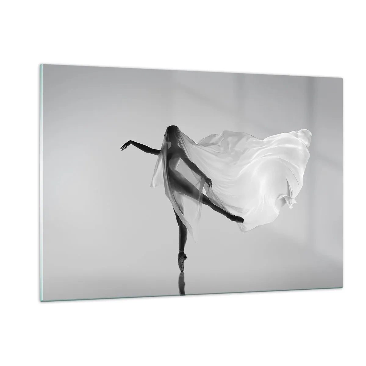 Quadro su vetro - Silhouette di una ballerina con un velo fluttuante in movimento - 120x80cm - Leggerezza ed eleganza - Decorazione murale moderna per soggiorno e camera da letto ARTTOR