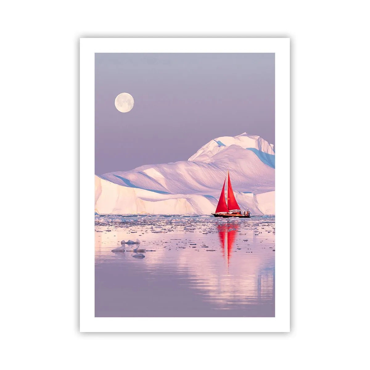 Poster - Una vela rossa sullo sfondo di iceberg sotto la luna piena - 50x70cm - Calore della vela, gelo del ghiaccio - Decorazione murale moderna per soggiorno e camera da letto ARTTOR