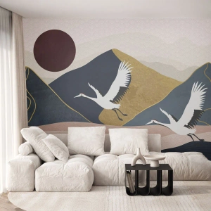 Fotomurali Premium Sand - Gru stilizzate sullo sfondo di montagne e un sole rosso - 100x70cm - E la giornata è nuovamente VOLATA - Decorazione murale moderna per soggiorno e camera da letto ARTTOR