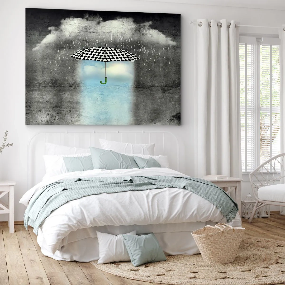 Quadro su tela - Stampe su Tela - Un ombrello a scacchi su un paesaggio piovoso - 70x50cm - Tuttavia è possibile - Decorazione murale moderna per soggiorno e camera da letto ARTTOR
