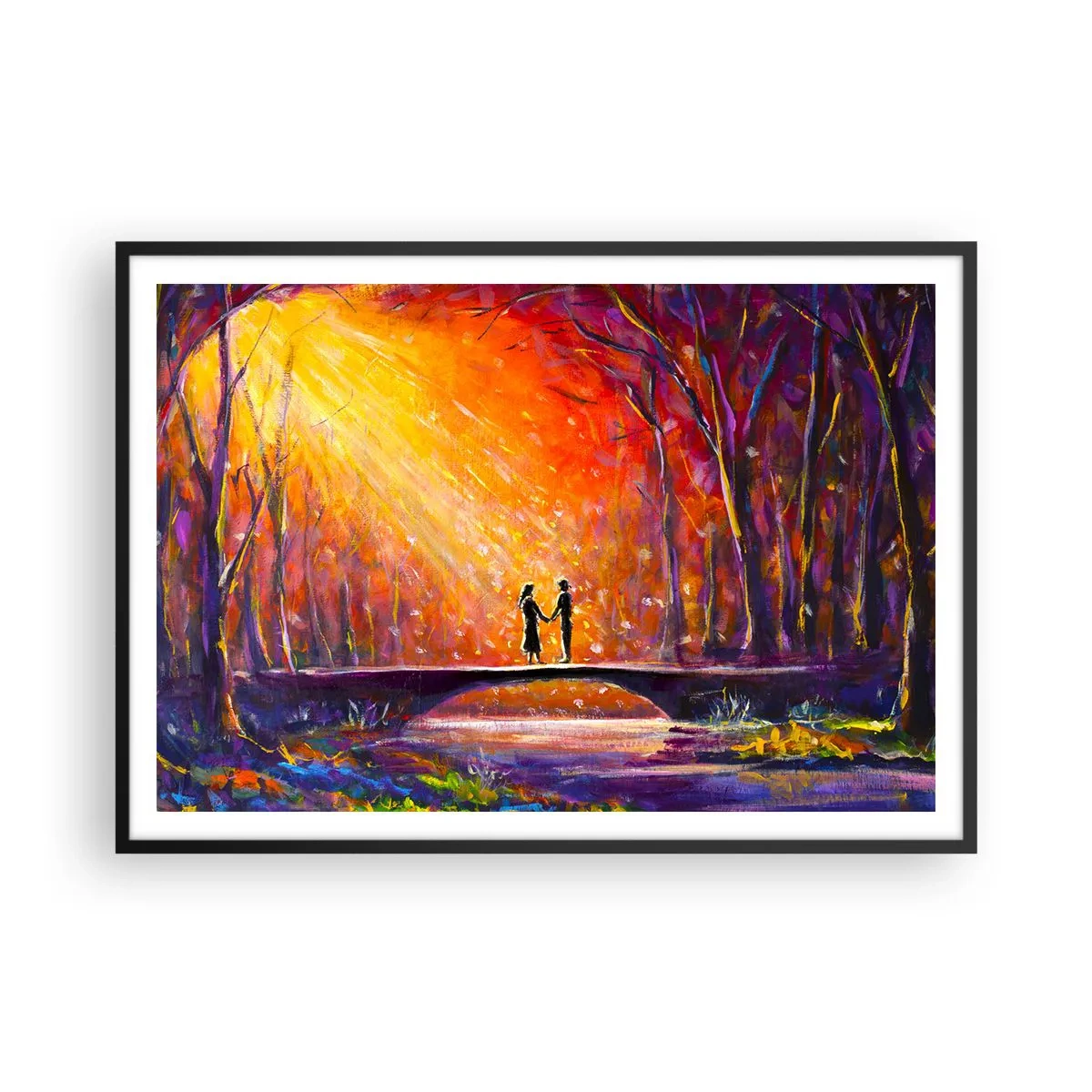 Poster in cornice nera - Coppia romantica su un ponte nella foresta autunnale - 100x70cm - Anche il cielo li ama - Decorazione murale moderna per soggiorno e camera da letto ARTTOR