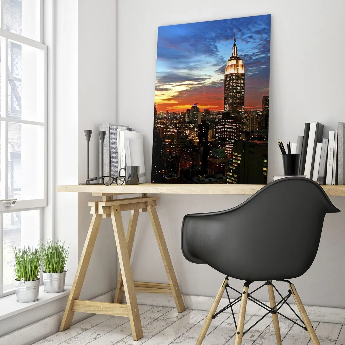 Quadro su vetro - Panorama notturno della città con edifici illuminati - 50x70cm - Luminosa notte americana - Decorazione murale moderna per soggiorno e camera da letto ARTTOR