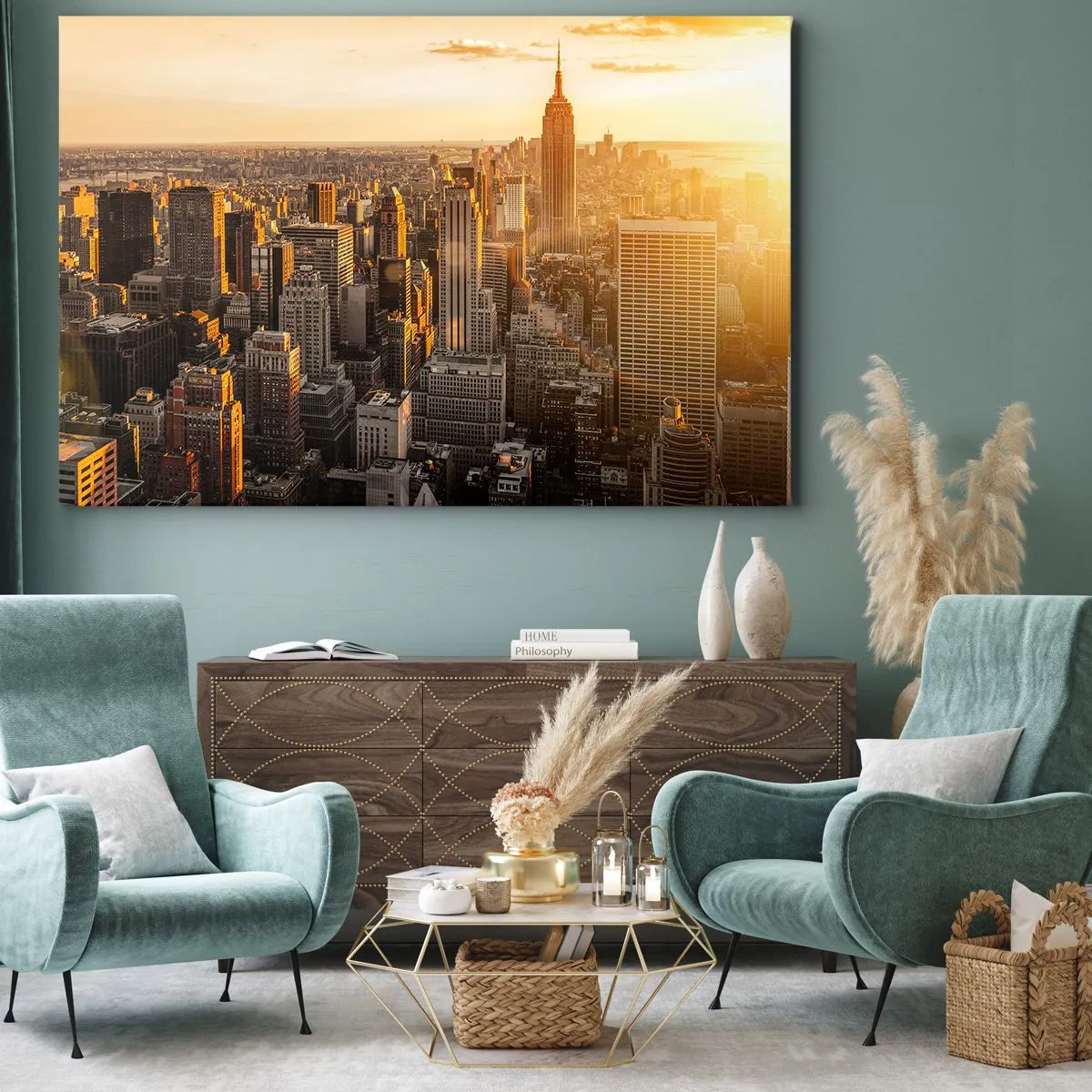 Quadro su tela - Stampe su Tela - Skyline di New York City al tramonto con vista sull'Empire State Building - 120x80cm - Crescere al sole - Decorazione murale moderna per soggiorno e camera da letto ARTTOR