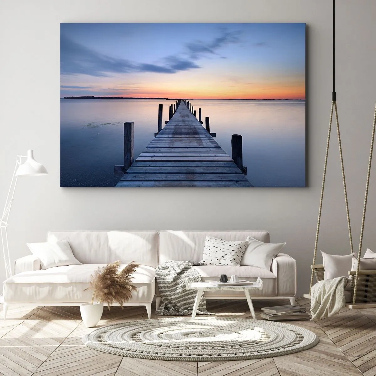 Quadro su tela - Stampe su Tela - Molo di legno sul lago al tramonto - 70x50cm - La calma di un dolce tramonto - Decorazione murale moderna per soggiorno e camera da letto ARTTOR