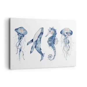 Quadro su tela - Stampe su Tela - Medusa, balena e cavalluccio marino in stile acquerello - 100x70cm - Meraviglie del mare - Decorazione murale moderna per soggiorno e camera da letto ARTTOR