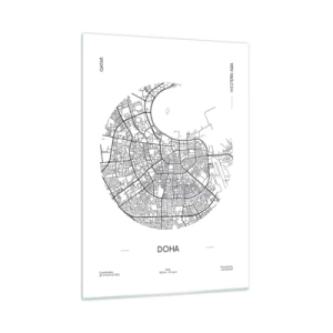 Quadro su vetro - Una mappa grafica di Doha in stile minimalista in bianco e nero. - 50x70cm - Anatomia di Doha - Decorazione murale moderna per soggiorno e camera da letto ARTTOR