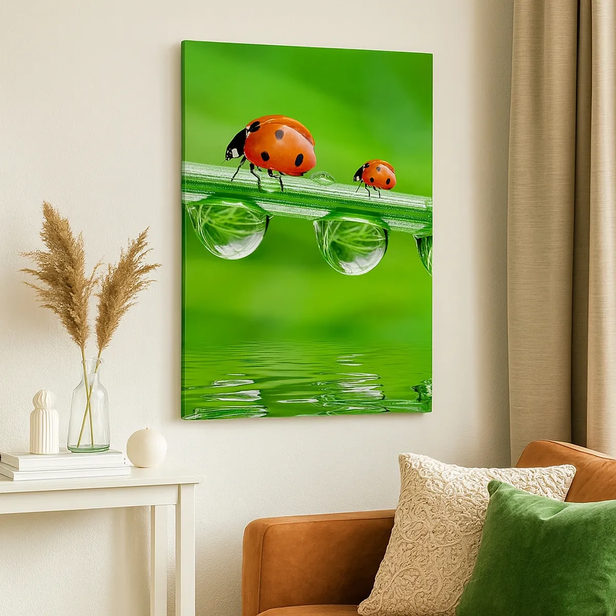 Quadro su tela - Stampe su Tela - Coccinelle su un filo d'erba con gocce di rugiada in un ambiente naturale - 50x70cm - In cammino per tutta l'estate - Decorazione murale moderna per soggiorno e camera da letto ARTTOR