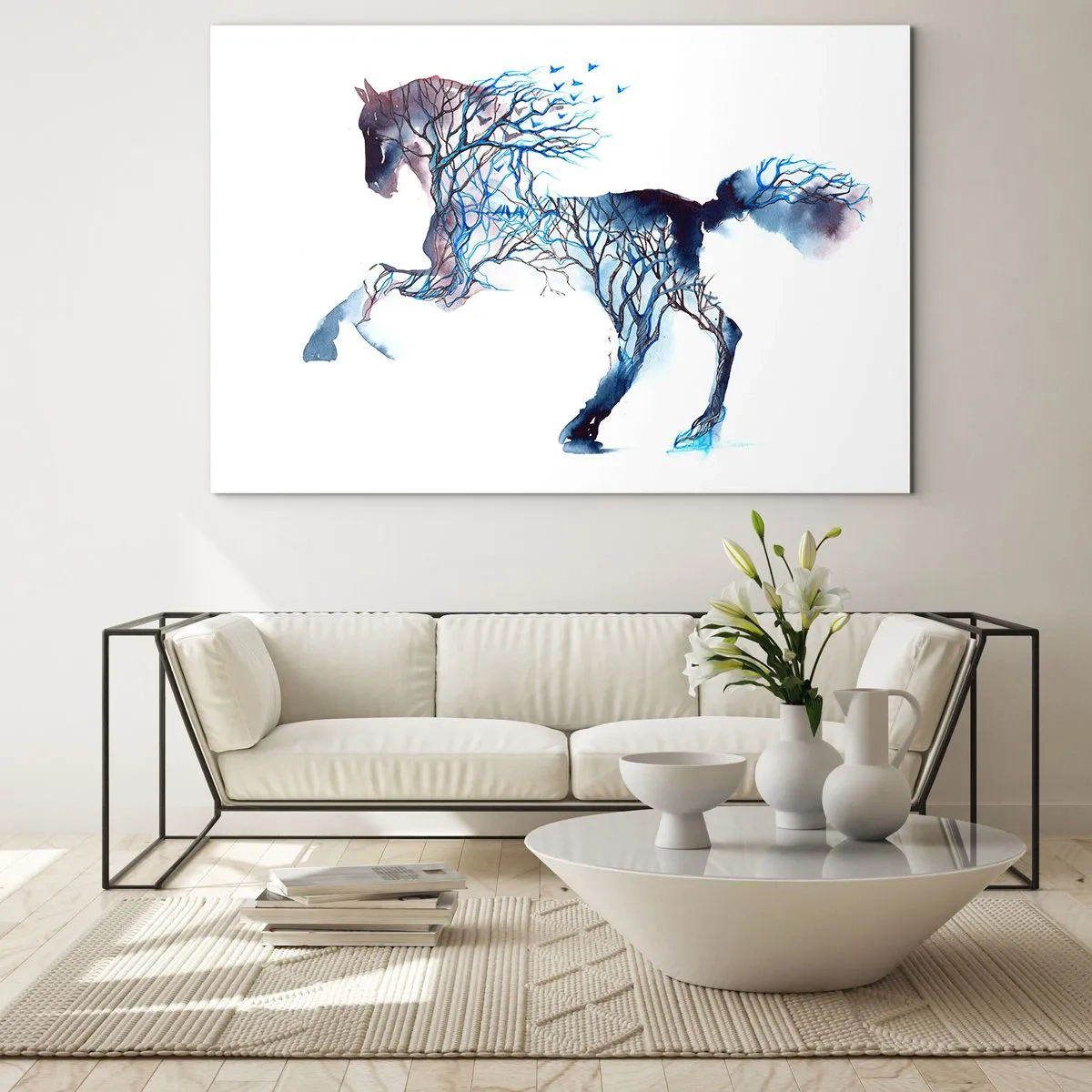 Quadro su vetro - Illustrazione di un cavallo con rami al posto del corpo - 100x70cm - Come se il bosco si muovesse - Decorazione murale moderna per soggiorno e camera da letto ARTTOR