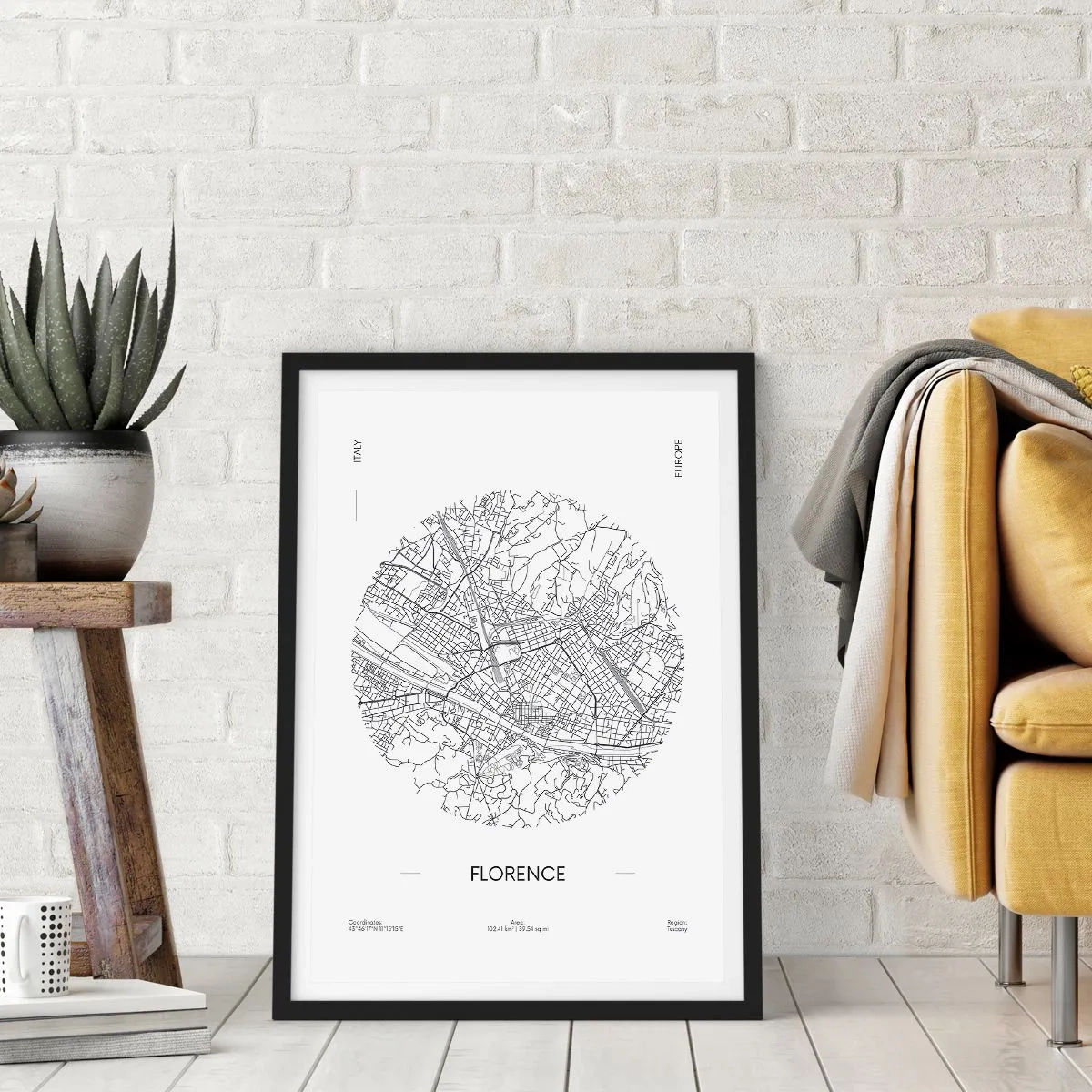 Poster in cornice nera - Una mappa minimalista di Firenze in bianco e nero. - 50x70cm - Anatomia di Firenze - Decorazione murale moderna per soggiorno e camera da letto ARTTOR