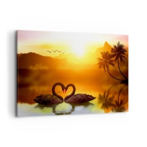 Quadro su tela - Stampe su Tela - Due cigni neri formano un cuore sullo sfondo di un tramonto sul lago - 100x70cm - Tutto in coppia - Decorazione murale moderna per soggiorno e camera da letto ARTTOR