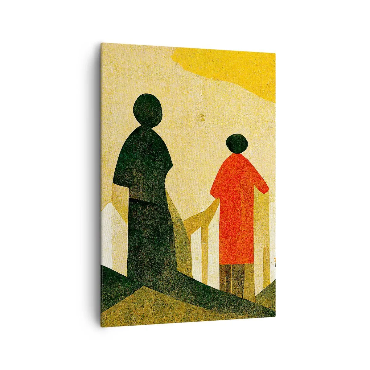 Quadro su tela - Stampe su Tela - Silhouette geometriche in rosso e verde su sfondo giallo - 70x100cm - La strada è ancora lunga - Decorazione murale moderna per soggiorno e camera da letto ARTTOR