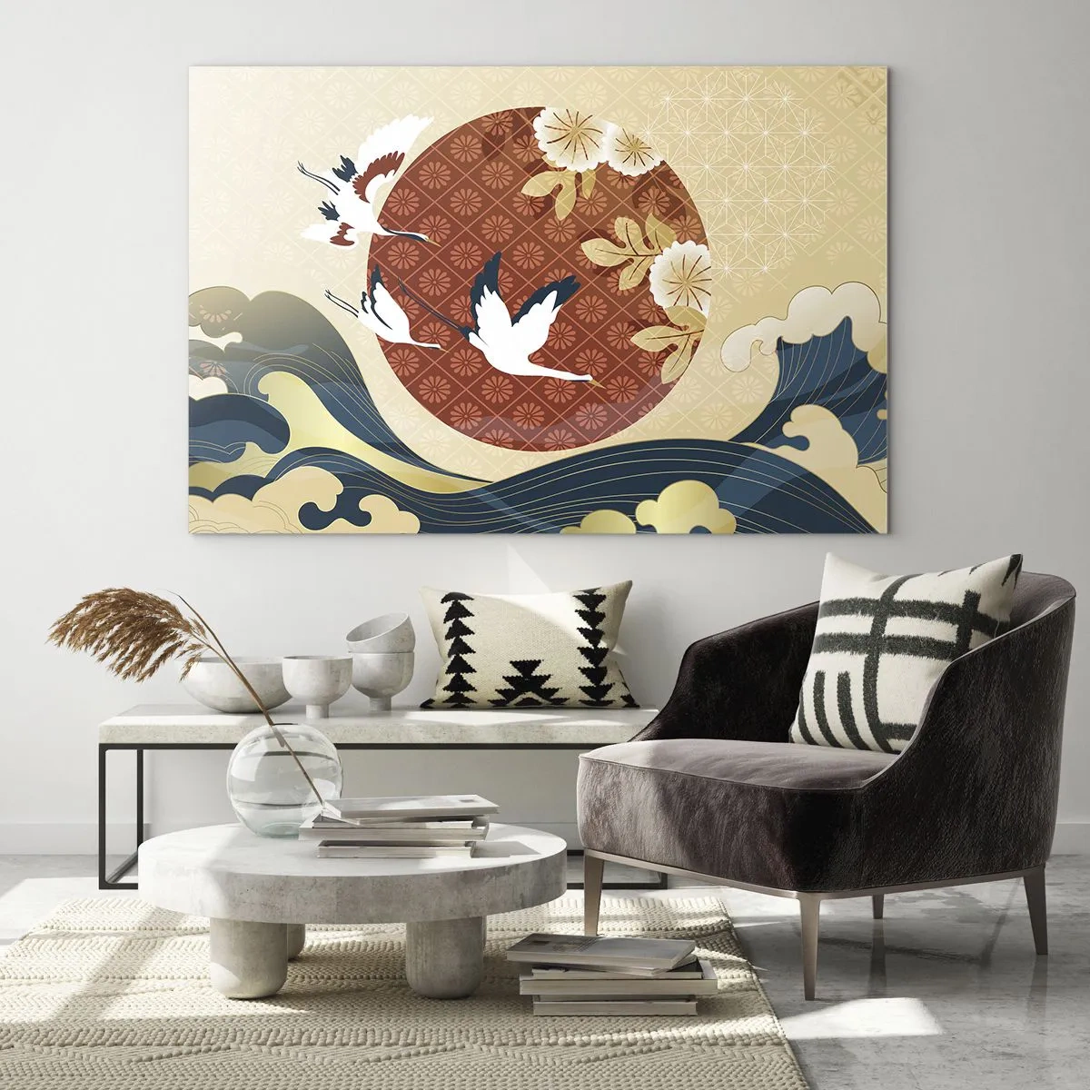 Quadro su vetro - Gru giapponesi sulle onde contro un cerchio rosso - 70x50cm - Favola giapponese - Decorazione murale moderna per soggiorno e camera da letto ARTTOR