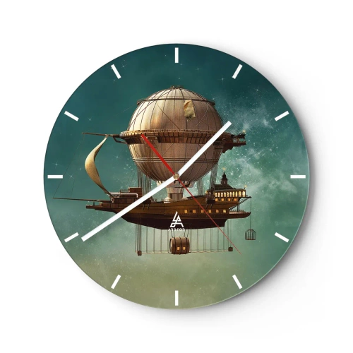 Orologio da parete - Orologio in Vetro - Un fantastico dirigibile retrò che fluttua tra le nuvole - 30x30cm - Saluti da Jules Verne - Decorazione murale moderna per soggiorno, cucina e camera da letto ARTTOR