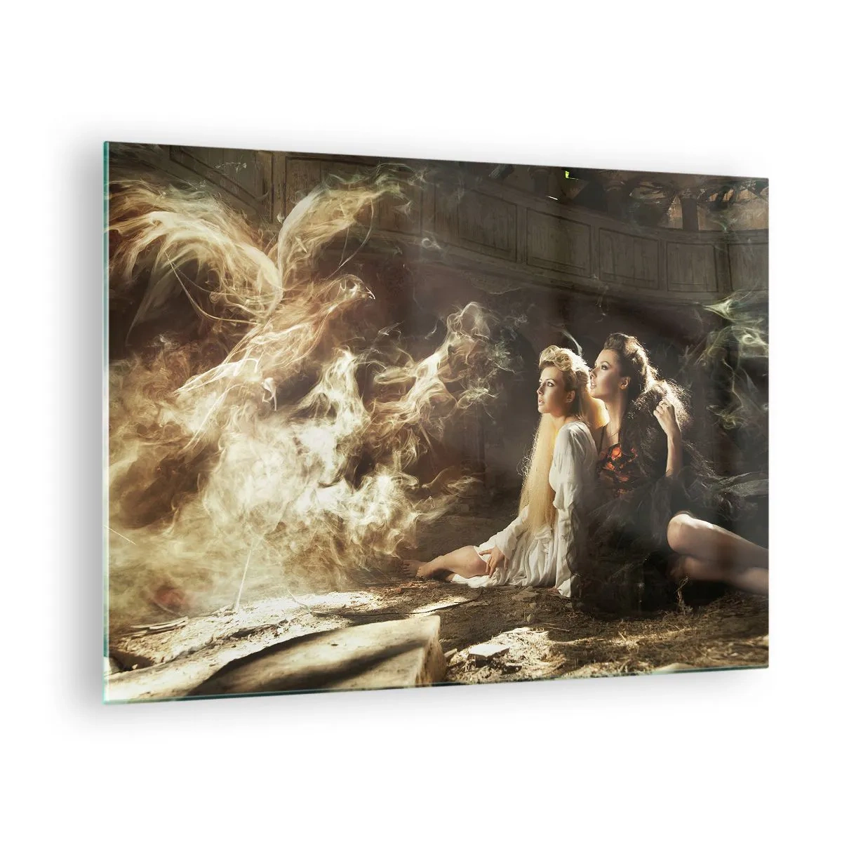 Quadro su vetro - Due donne con una fenice ardente in un ambiente magico - 70x50cm - Ed è diventata poesia - Decorazione murale moderna per soggiorno e camera da letto ARTTOR