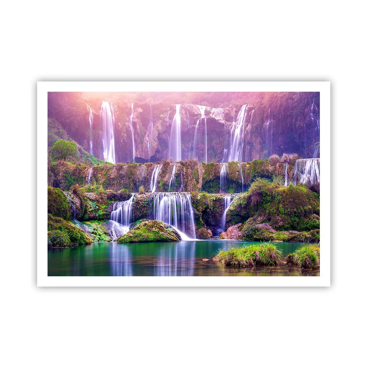Poster - Cascate immerse nel verde con luci pastello - 100x70cm - La scala verso il cielo - Decorazione murale moderna per soggiorno e camera da letto ARTTOR