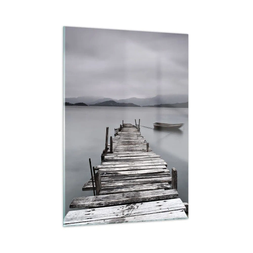 Quadro su vetro - Un molo di legno su un lago in una giornata nebbiosa - 50x70cm - Domani puoi partire - Decorazione murale moderna per soggiorno e camera da letto ARTTOR