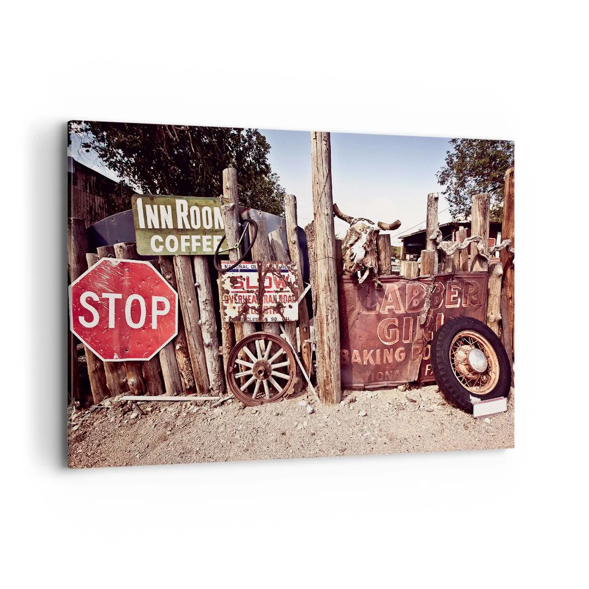 Quadro su tela - Stampe su Tela - Decorazioni rustiche con cartelli e una ruota sulla recinzione - 120x80cm - E il tempo si è fermato - Decorazione murale moderna per soggiorno e camera da letto ARTTOR