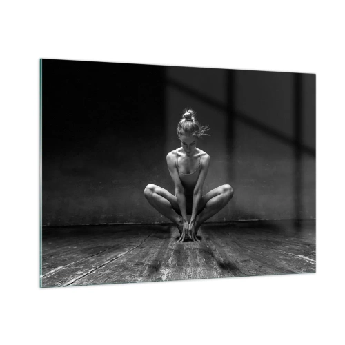 Quadro su vetro - Una ballerina in posa di balletto su un pavimento di legno - 100x70cm - La concentrazione dell'energia della danza - Decorazione murale moderna per soggiorno e camera da letto ARTTOR