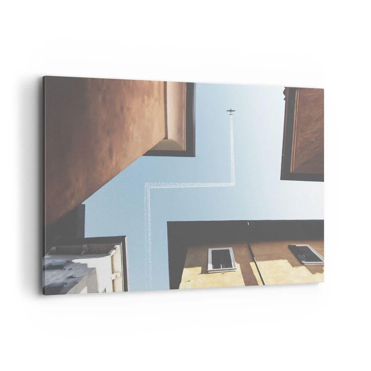 Quadro su tela - Stampe su Tela - Vista dell'aereo e della sua scia nel cielo da una prospettiva stradale - 120x80cm - Sopra il labirinto urbano - Decorazione murale moderna per soggiorno e camera da letto ARTTOR