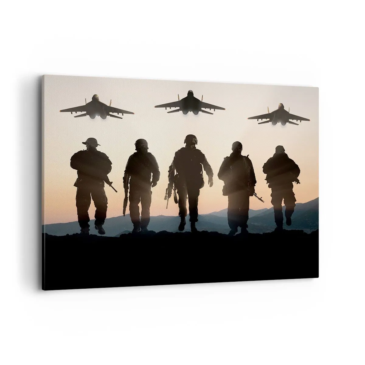 Quadro su tela - Stampe su Tela - Sagome di soldati e aerei da combattimento sullo sfondo del tramonto - 120x80cm - Benvenuto nel nostro mondo - Decorazione murale moderna per soggiorno e camera da letto ARTTOR