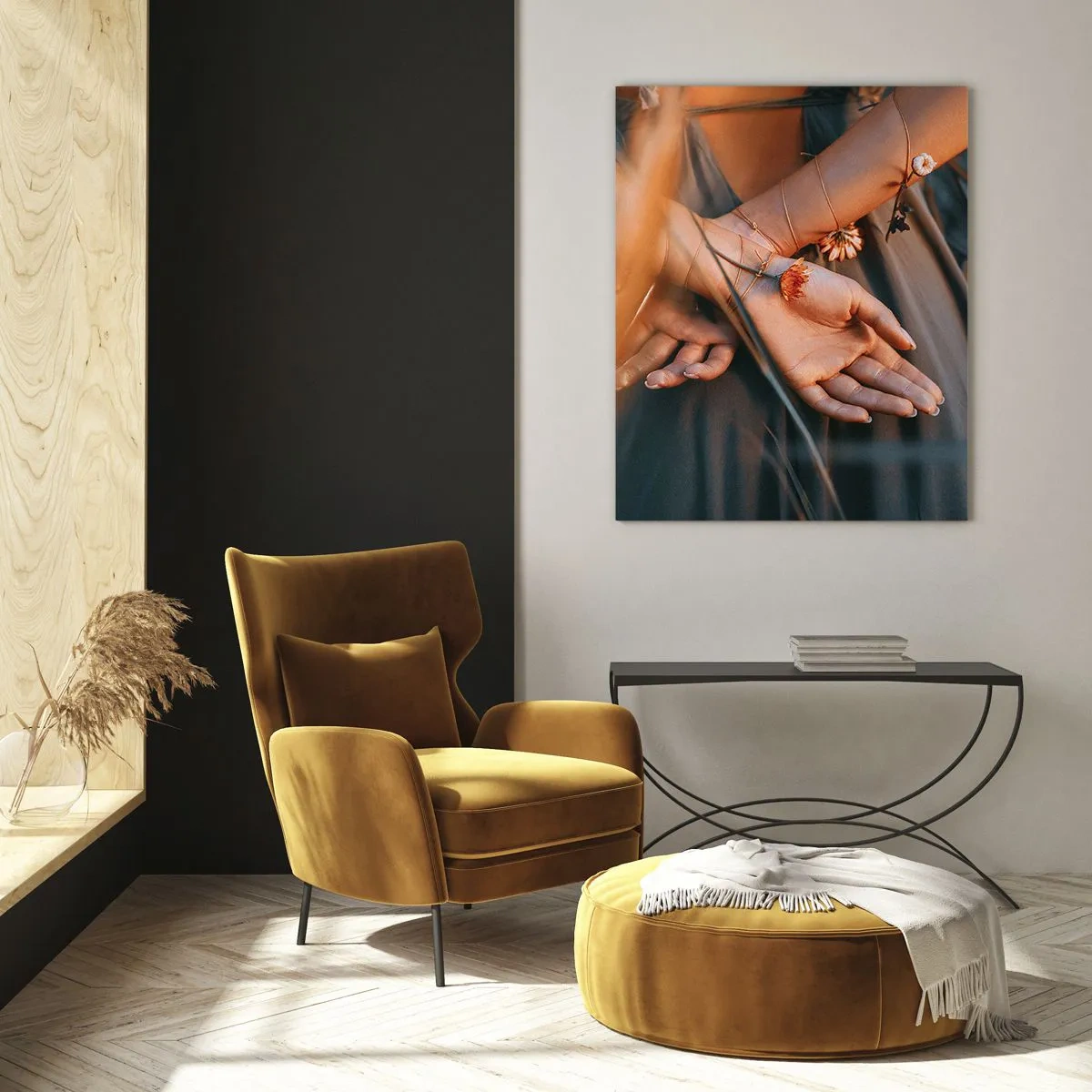 Quadro su vetro - Primo piano delle mani giunte di una donna con dei fiori su uno sfondo erboso - 50x70cm - Legata alla natura - Decorazione murale moderna per soggiorno e camera da letto ARTTOR