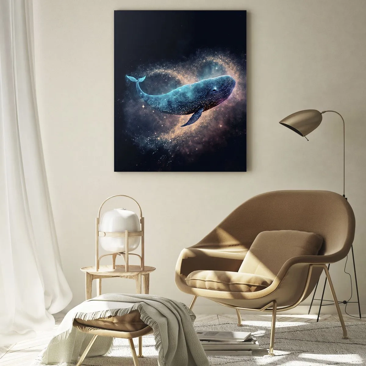 Quadro su vetro - Una balena spaziale con una galassia sullo sfondo - 70x100cm - Esiste un mondo... - Decorazione murale moderna per soggiorno e camera da letto ARTTOR