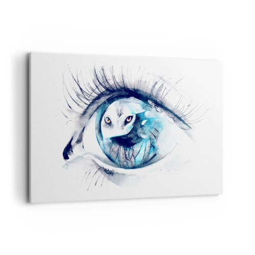 Quadro su tela - Stampe su Tela - Un occhio con l'immagine di un gufo in tonalità di blu acquerellate - 120x80cm - Faccia a faccia con la natura selvaggia - Decorazione murale moderna per soggiorno e camera da letto ARTTOR