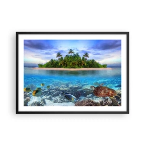 Poster in cornice nera - Un'isola tropicale circondata da un oceano turchese con una barriera corallina e pesci. - 70x50cm - L'isola del paradiso dà il benvenuto - Decorazione murale moderna per soggiorno e camera da letto ARTTOR