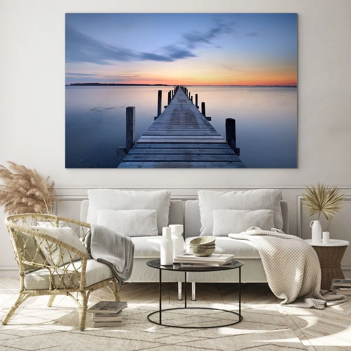 Quadro su vetro - Un molo di legno su un lago calmo al tramonto - 70x50cm - La calma di un dolce tramonto - Decorazione murale moderna per soggiorno e camera da letto ARTTOR
