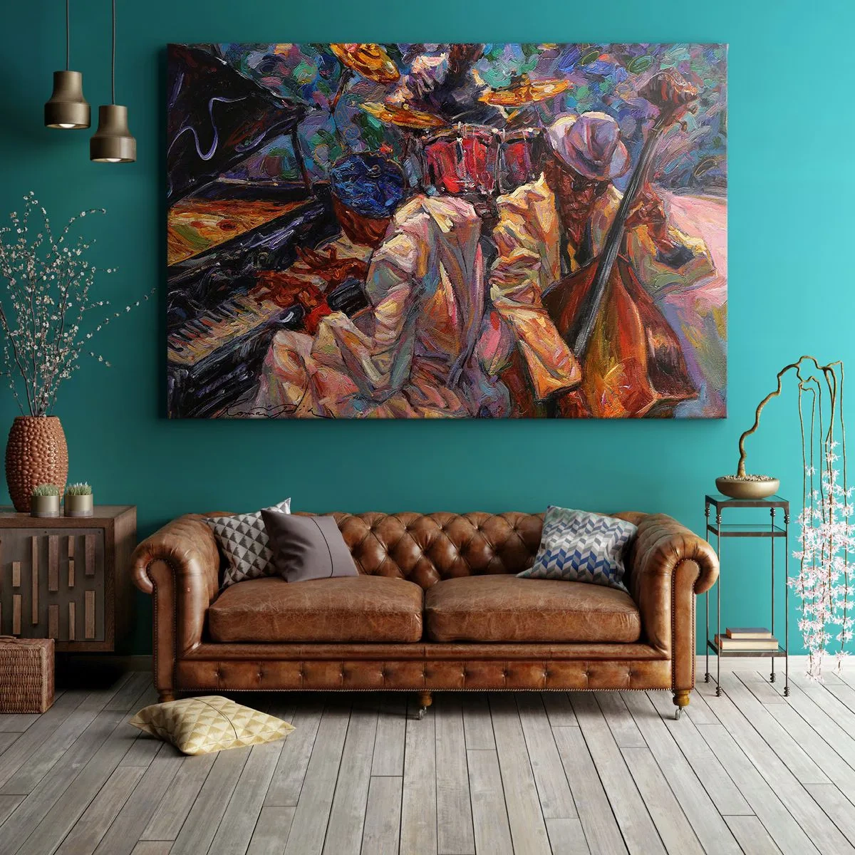 Quadro su tela - Stampe su Tela - Scena jazz energica con musicisti e strumenti - 100x70cm - In un unico ritmo - Decorazione murale moderna per soggiorno e camera da letto ARTTOR